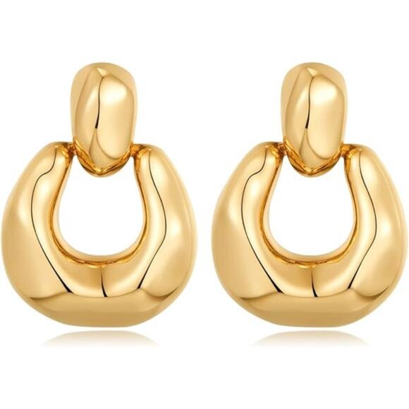 Gold Door Knocker Statement Earrings | Modern Drop Dangle Studs - Picture 1 of 4